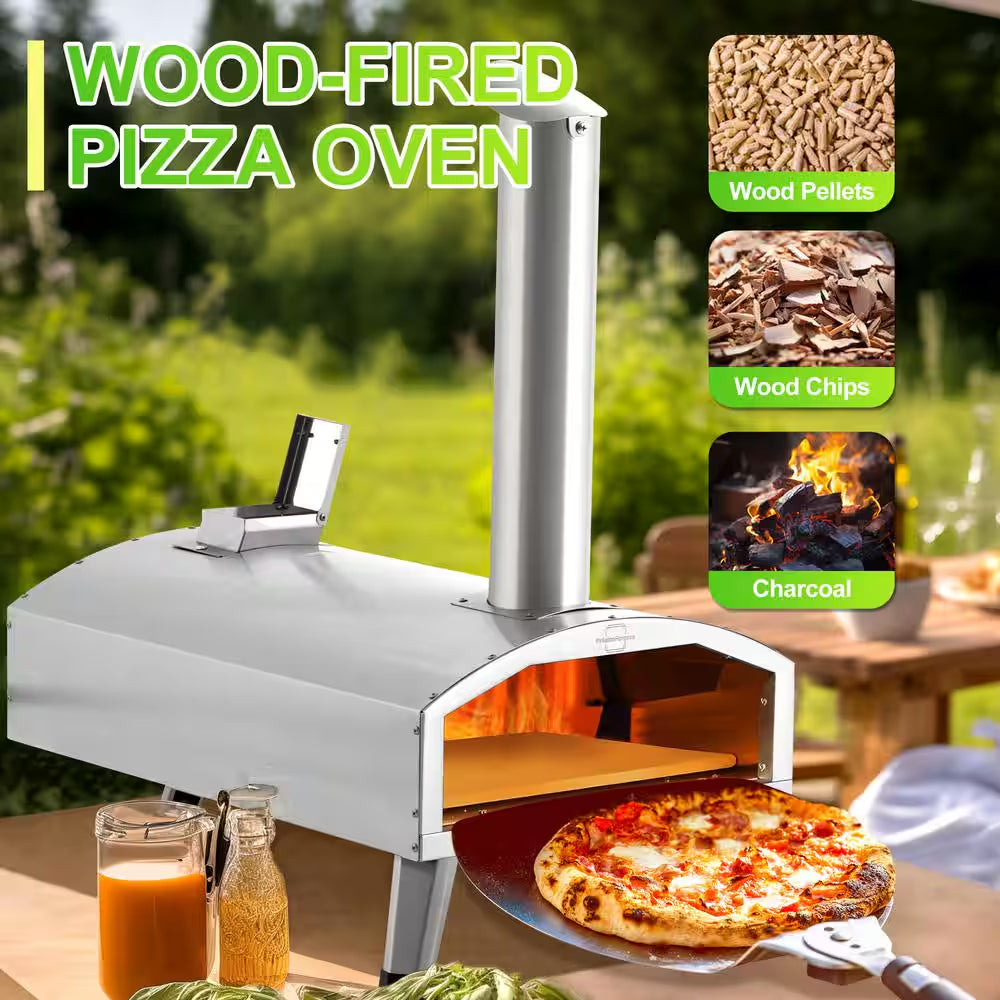 Wood Fired Pizza Ovens Outdoor Pizza Oven 12 In. with Pizza Stone, Silver Stainless Steel Portable Pizza Oven