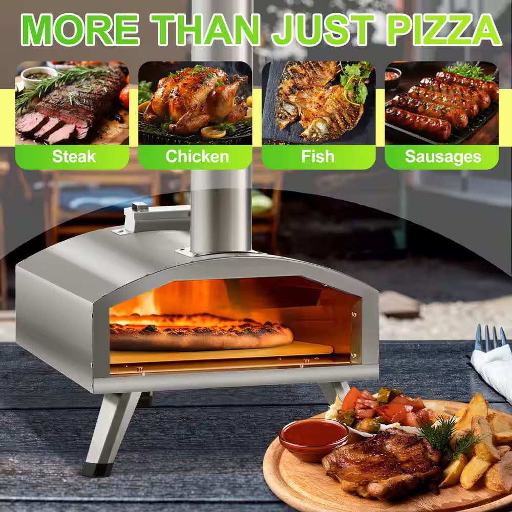 Wood Fired Pizza Ovens Outdoor Pizza Oven 12 In. with Pizza Stone, Silver Stainless Steel Portable Pizza Oven