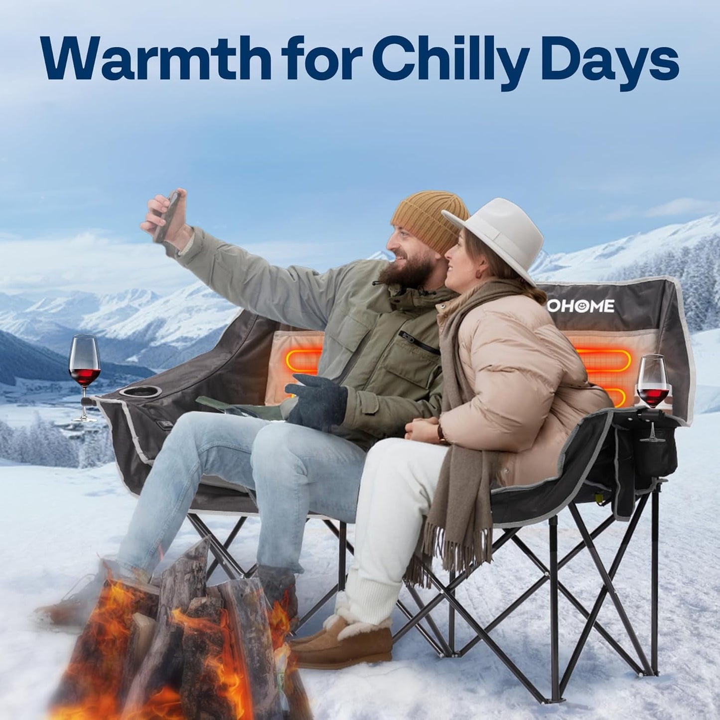 Heated Double Camping Chair: The Ultimate Buddy Seat with a 20,000 mAh Power Bank - Stay Warm, Stay Connected, and Share the Heat!