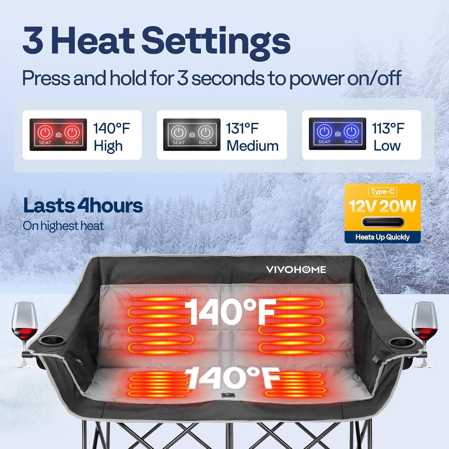 Heated Double Camping Chair: The Ultimate Buddy Seat with a 20,000 mAh Power Bank - Stay Warm, Stay Connected, and Share the Heat!
