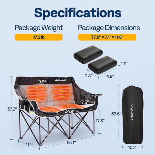 Heated Double Camping Chair: The Ultimate Buddy Seat with a 20,000 mAh Power Bank - Stay Warm, Stay Connected, and Share the Heat!