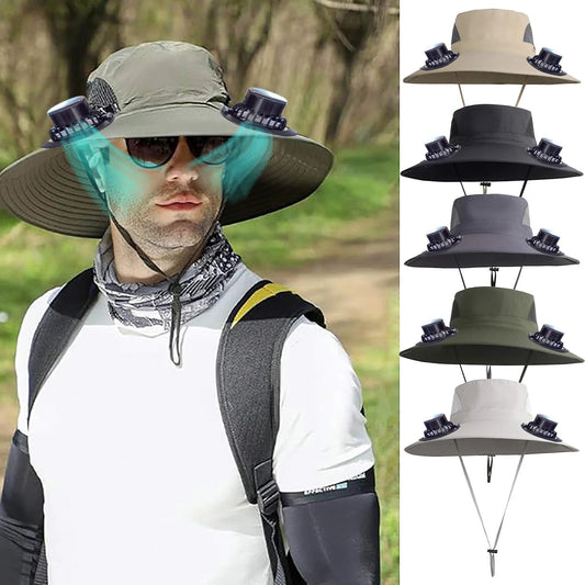 Solar Powered Fan Fishing Hat - Wide Brim Sun Protection with 2 Cooling Fans, 3-Speed Outdoor Hat for Men Women, Summer Beach Hiking Essential with Solar & USB Charging
