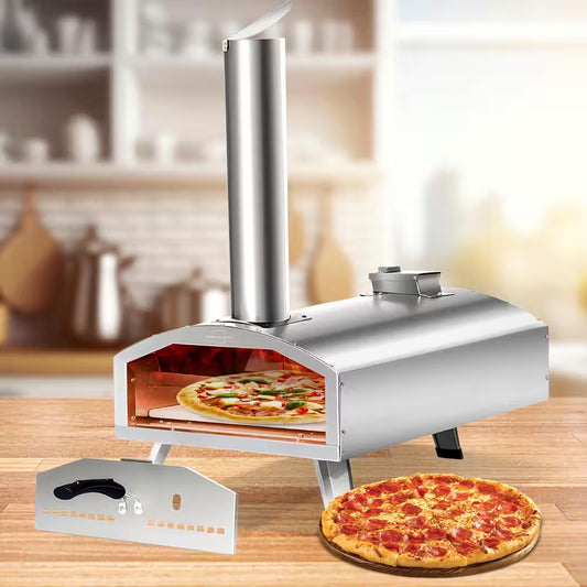 Wood Fired Pizza Ovens Outdoor Pizza Oven 12 In. with Pizza Stone, Silver Stainless Steel Portable Pizza Oven