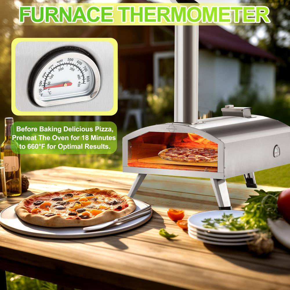 Wood Fired Pizza Ovens Outdoor Pizza Oven 12 In. with Pizza Stone, Silver Stainless Steel Portable Pizza Oven