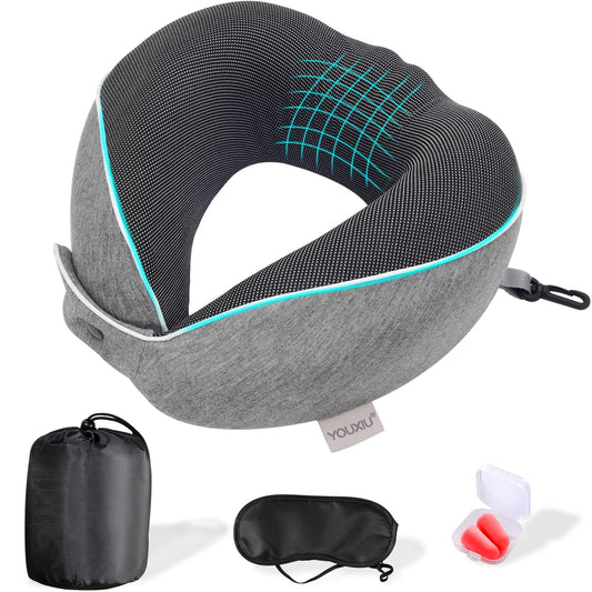 Premium Memory Foam Travel Neck Pillow with 360° Ergonomic Support, Includes Mask, Earplugs, and Storage Bag for Ultimate Comfort on the Go